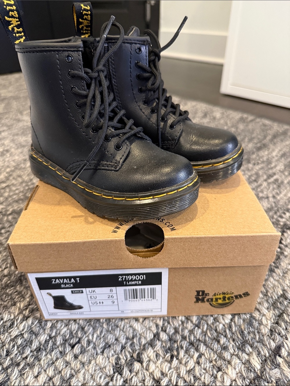 Dr. Martens Kids Black Leather Lace-Up Combat Boots with Yellow Stitching